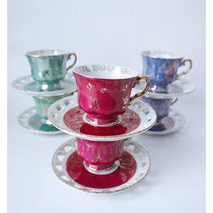 6 Vintage Teacup & Reticulated Saucer Tea Cups Lusterware Japan Ohashi China